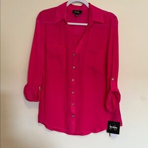 by & by Hot Pink V-Neck Button-Front Roll-Sleeve Blouse
